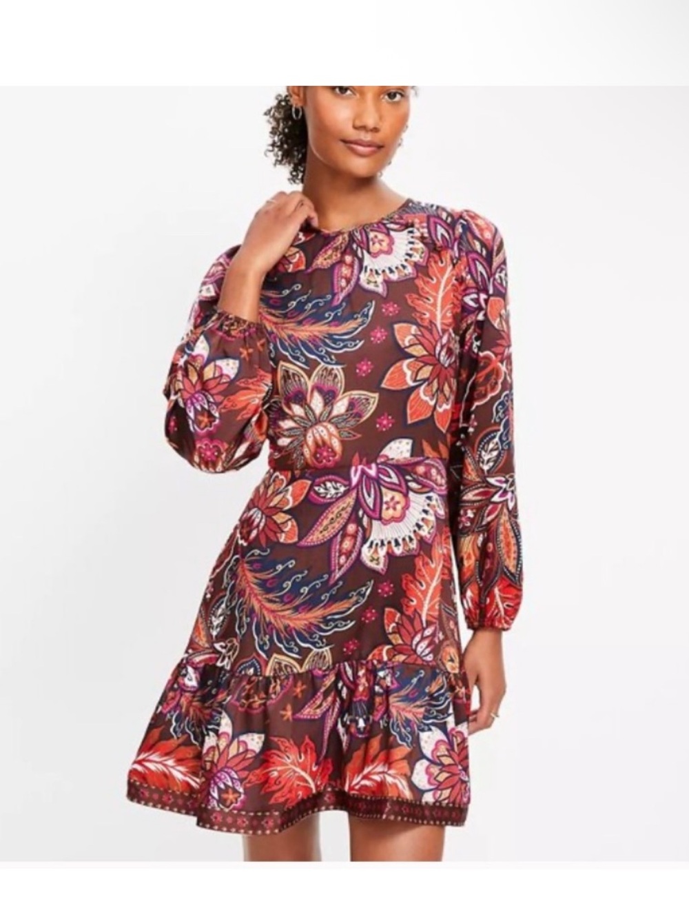 LOFT Paisley Floral Long-Sleeve Shift Dress - Brown Multi Size 10